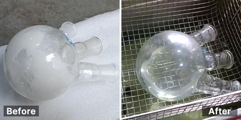 三颈瓶使用超声波清洗机清洗前后对比